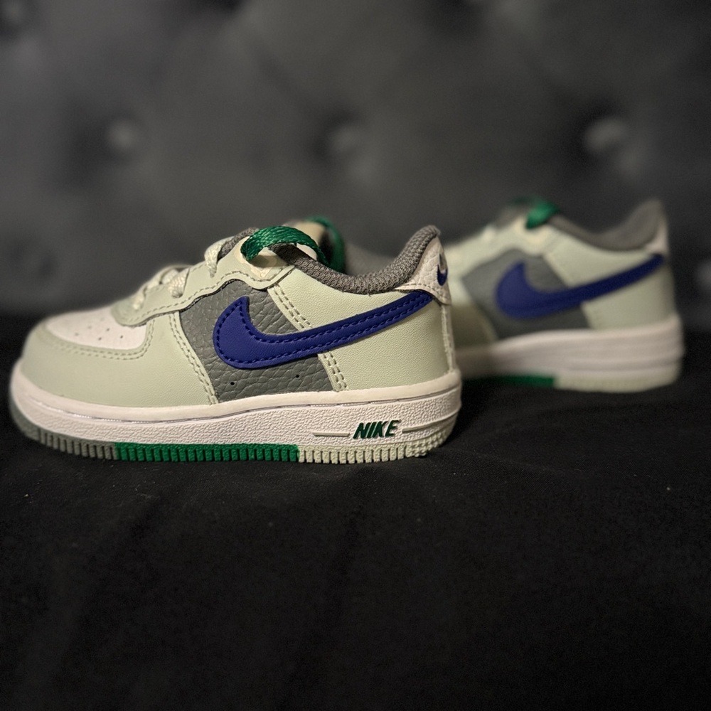 Nike Air Force 1. in Cream and Blue with Green Accents